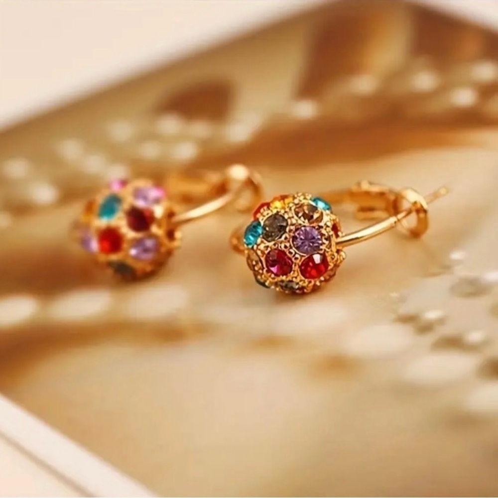 Crystal Ball Hoop Earrings Rhinestones Gold Boho Chic - Picture 5 of 6
